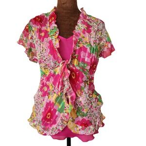 Y2K Notations Blouse Size S Layered Pink Green‎ Floral Ruffle Pleated Top Whimsy